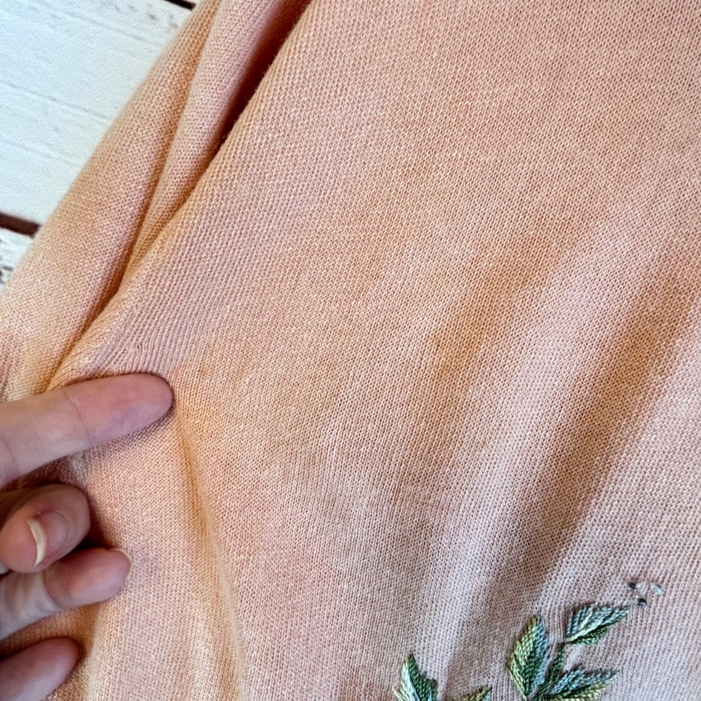 Vintage Embroidered Beaded Cardigan L Peach Ramie/Rayon 3D Ribbon Floral Whimsy - Picture 5 of 16